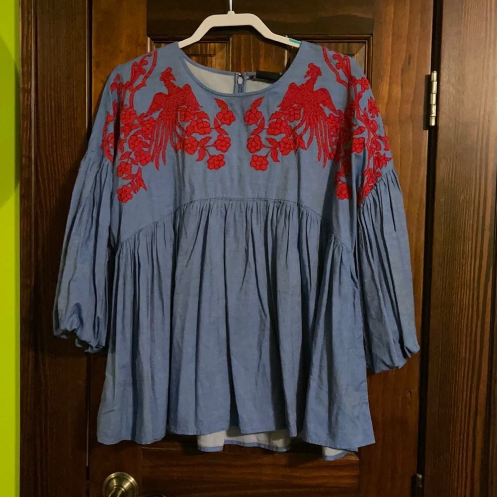 Embroidered Chambray Blouse.